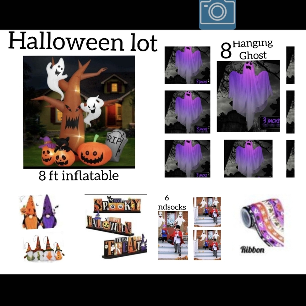 8 ft inflatable, lighted ghost, windsocks and other  Halloween décor
